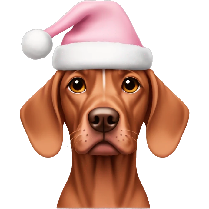 A vizsla dog with a light pink Christmas hat emoji