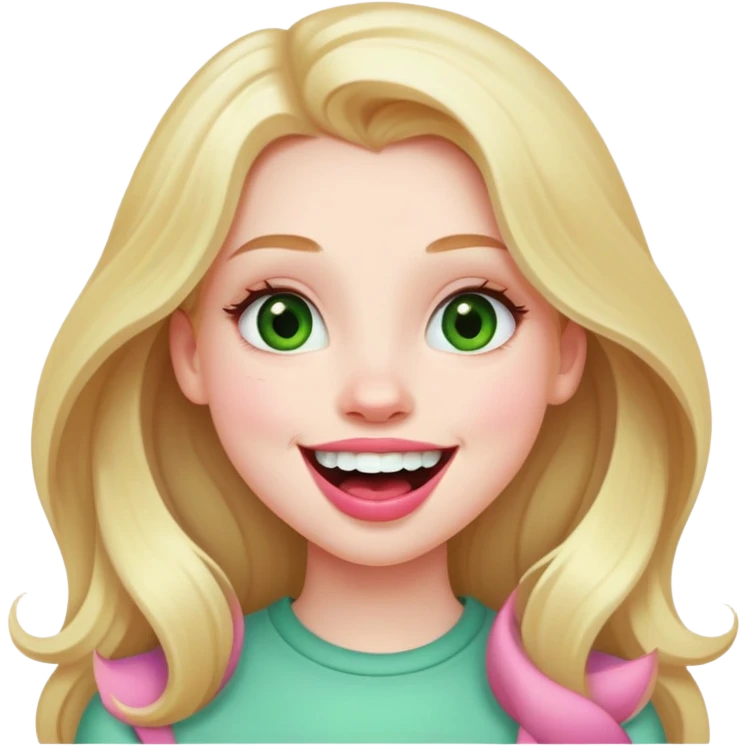 Young girl with pale skin, full pink lips smiling, blonde reddish long hair, big brown eyes with a hint of green, big mouth emoji