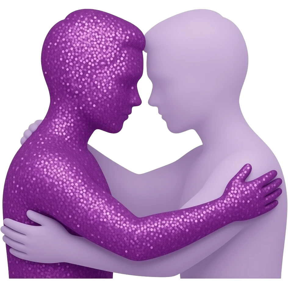 Two minimalist silhouettes hugging, one of them made of shimmering purple glitter, symbolizing something that sparkles and represents invisible pain emoji