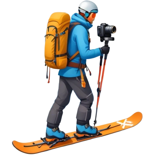  a snowy mountain peak in the landscape, with skis, a snowboard, an ice axe, a backpack and a camera. The icon should capture the adventure and exploration of mountain landscapes. Transparent background. emoji