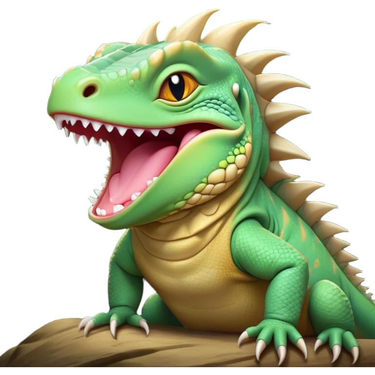 Cinematic Cute Yawning Iguana Portrait Emoji, Head tilted slightly with a dramatic, wide-open yawn, showcasing a sturdy, scaled body with a softly drooping spiky crest and sleepy, half-closed eyes, Simplified yet irresistibly adorable features, highly detailed, glowing with a soft, cozy jungle glow, high shine, relaxed yet expressive, stylized with a dash of whimsical charm, soft glowing outline, capturing the essence of a drowsy yet affectionate iguana that appears ready to stretch out for a nap! emoji