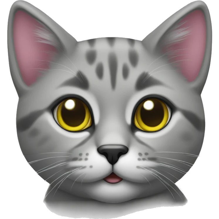 Gato gris ceniza con puntitos negros , nariz rosa y ojos verde amarillo  emoji