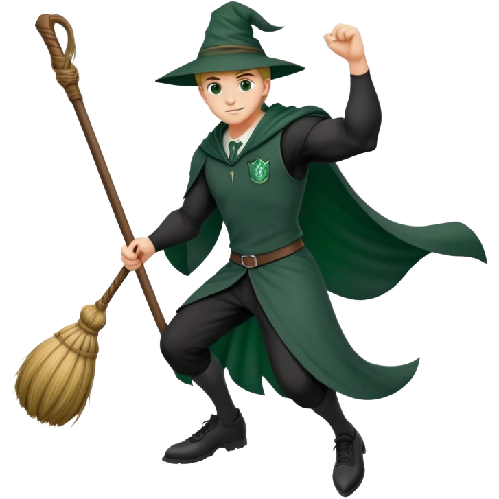 A muscular strong Slytherin student in final year riding a broomstick emoji