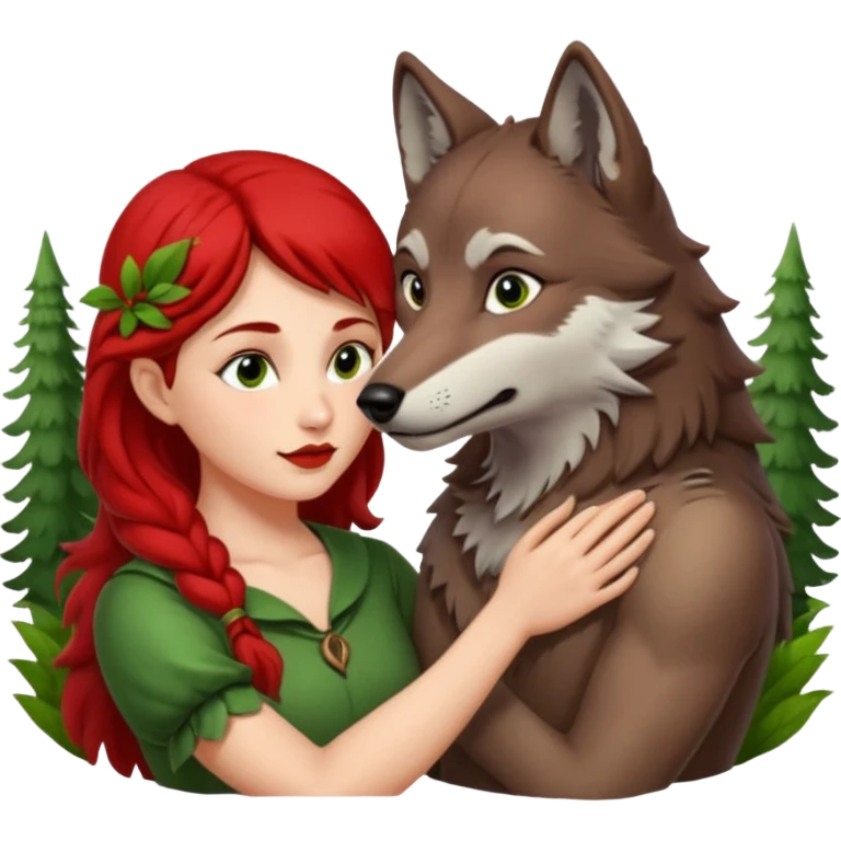 Caperucita roja acariciando la cabeza de un lobo macho en un bosque emoji