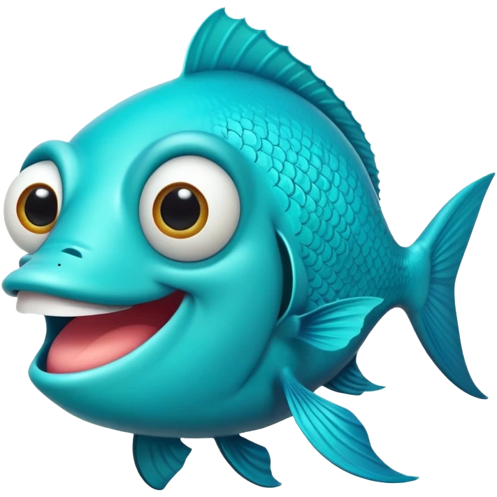 ultra stupid looking bright turquoise fish with dopey expression, huge silly grin with buck teeth, googly eye, perfect flat side profile facing right, exactly 90 degrees, one eye visible emoji
