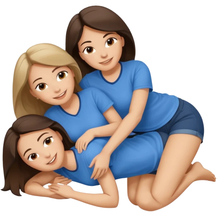 two white brunette women lying down full body on top of each other wrapped around each other one wearing a blue shirt emoji