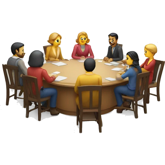 People sitting around a circular table. No yellow people, men and women emoji