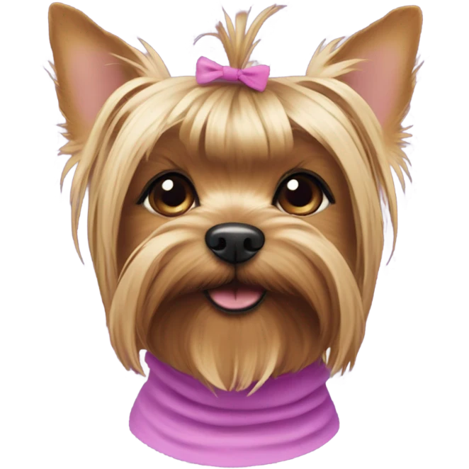 the face of a  Yorkshire Terrier  with a baby face with a ponytail on its head with a purple elastic band and pink short  emoji