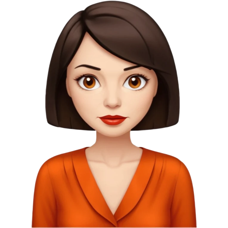 create an emoji of a woman. She has wrinkles, with a classic bob, dark brown hair, brown eyes, pale skin, red lips. she wears a an elegant orange blouse that shows some skin. emoji