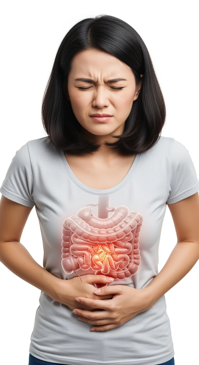 DONNA CON PANCIA DOLORANTE E INTESTINO UMANO ANATOMICO VISIBILE, ISOLATO SU SFONDO BIANCO emoji