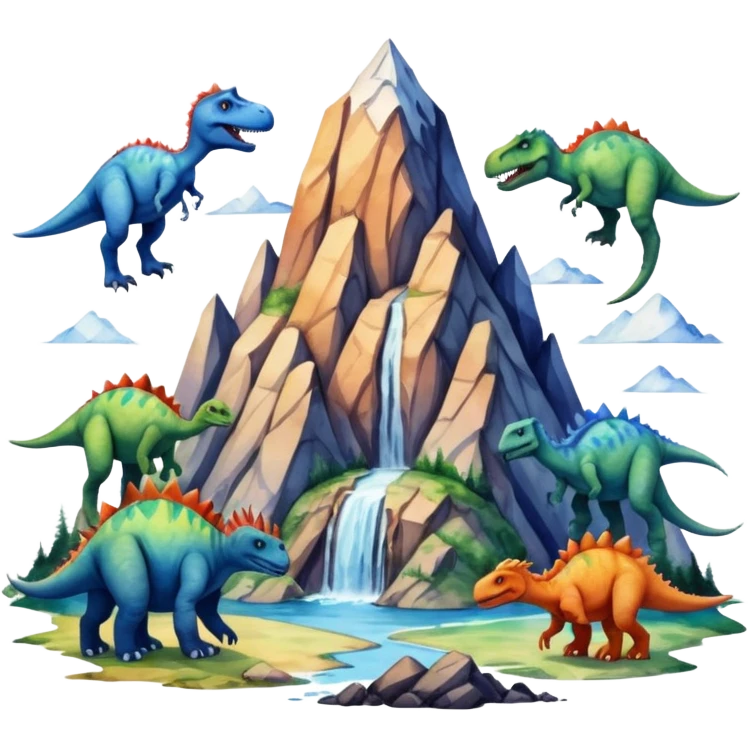 mountian with massive inks on it and many dinosaurs emoji