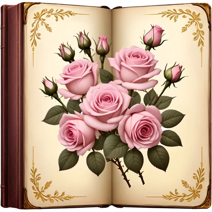 Antique book with pressed light pink roses, golden details on the cover, soft vintage lighting. emoji