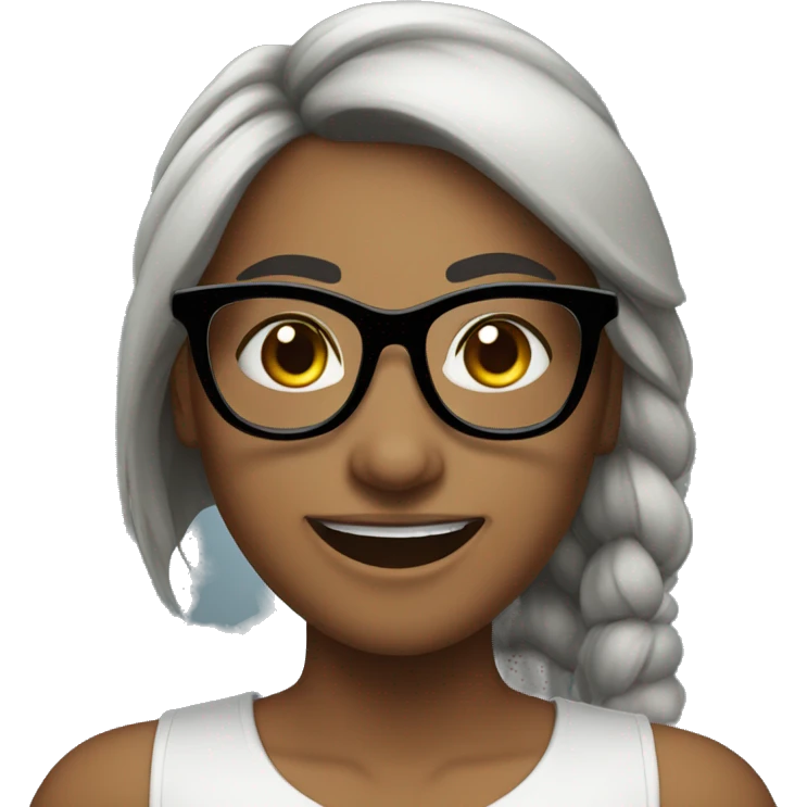 female, bangs on ponytail, black hair, black glasses, cute smile, note, white skin emoji