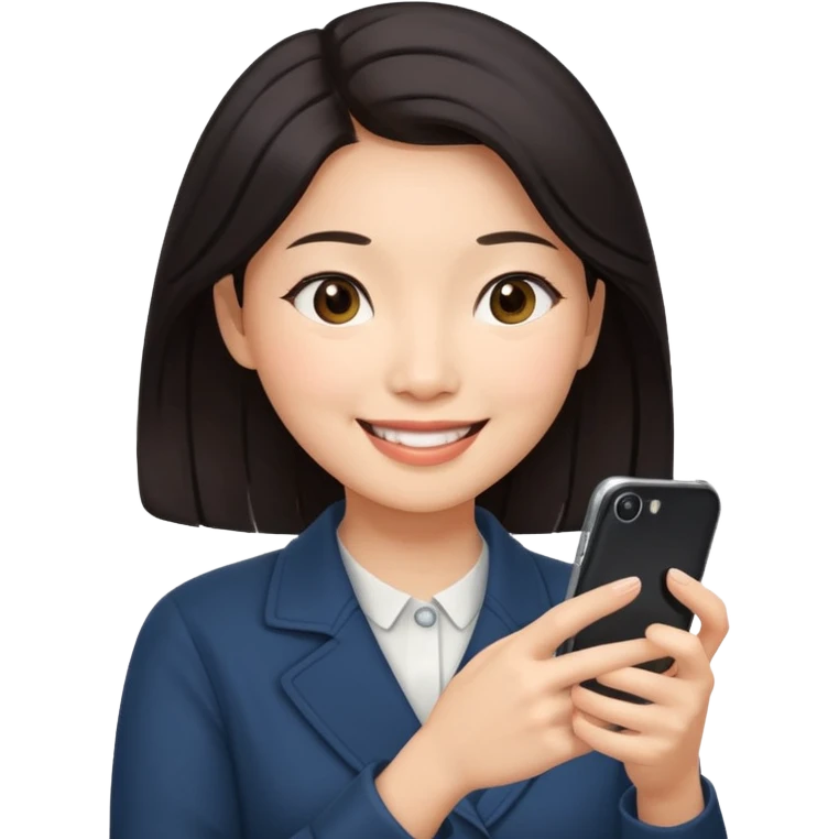 페르소나 요약 : 휴대폰을 보고 즐거워하는 여자, 40대의 아시아 여성이 한손으로만 휴대폰을 쥐고, 화면을 보면서 미소를 짓고 있어요. 시선은 휴대폰 화면으로 향하고 있어요. emoji