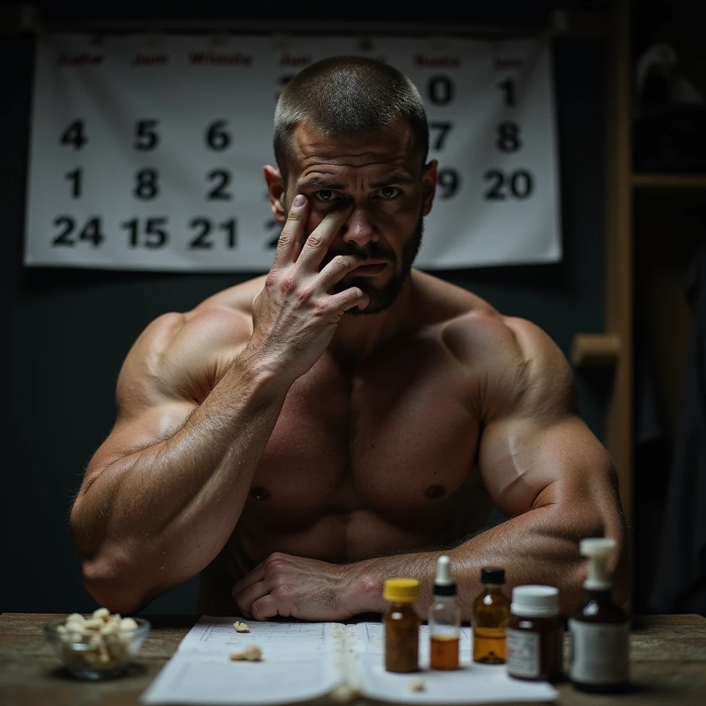 realistic muscular bodybuilder man with concentrated face, supplements and medical vials on table, calendar showing all months of the year behind, very defined physique with visible veins, dark locker room or gym background with intense and dramatic lighting, signs of fatigue emoji
