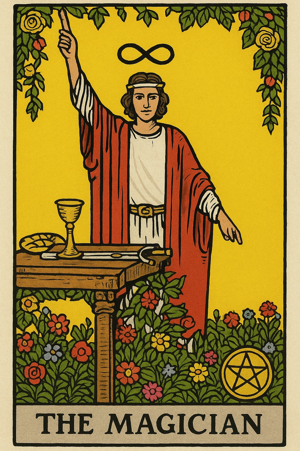 The Magician tarot card, Rider Waite Smith inspired, standing magician with one hand up, one hand down, infinity symbol above head, table with magical tools, garden of flowers, yellow background. emoji