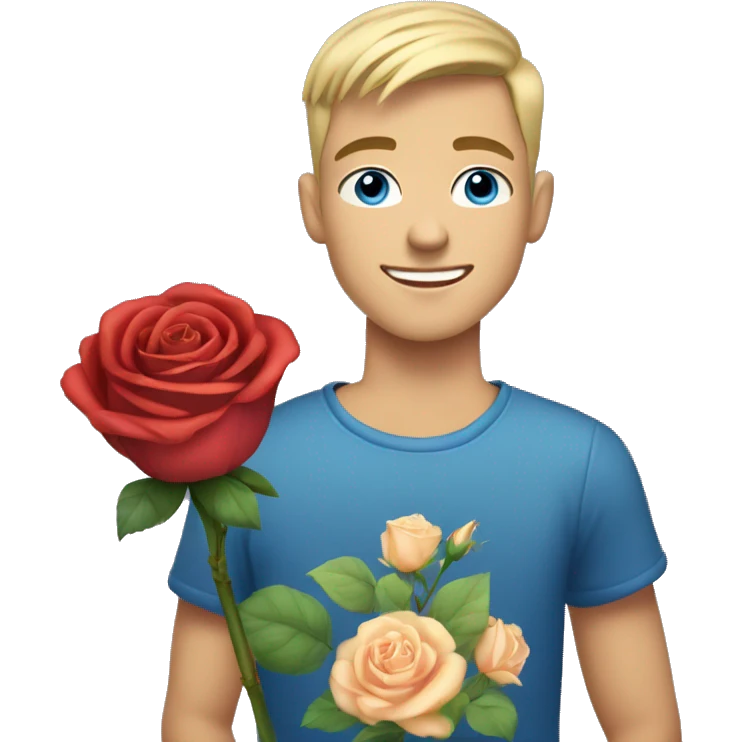 blonde haired 18-year-old boy, buzz cut hair, blue eyes, blue top, blue background, holding a rose  emoji