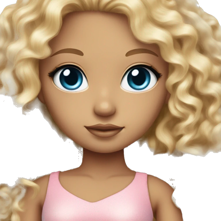 Tan skin, ocean blue doll eyes, blonde curly long hair, feminine, pink dress , girl, angelic emoji