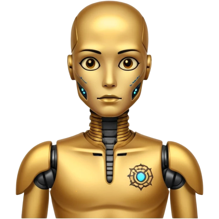 gold Tatooed robot, big many tatooes on chest, neck and face, tatoo on face emoji