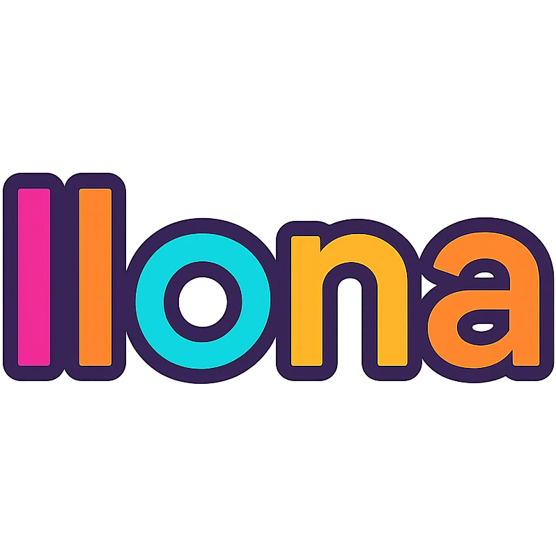Ilona name in colorful gradient modern font with dark outline, transparent background, in the style of sample images emoji