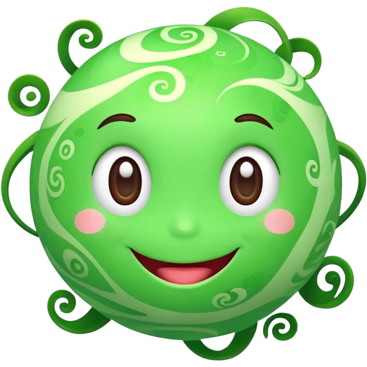 bright green planet with swirls and a cute happy smiling face with rosy cheeks emoji