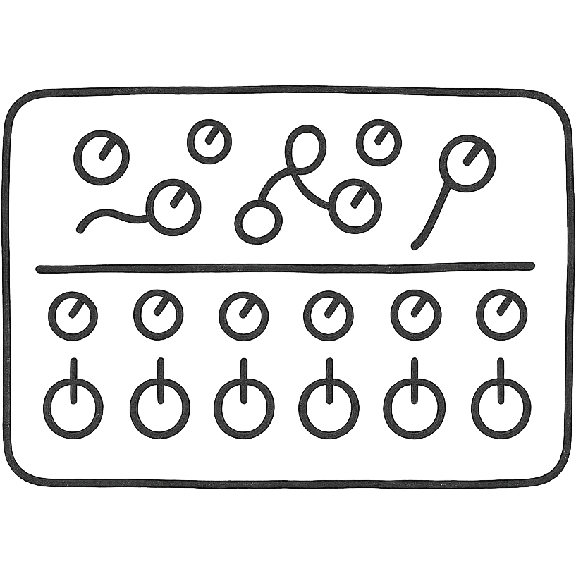 A black synthesizer without keys, featuring a row of eight knobs at the bottom, each with two smaller knobs above them, and a chaotic arrangement of six knobs at the top emoji