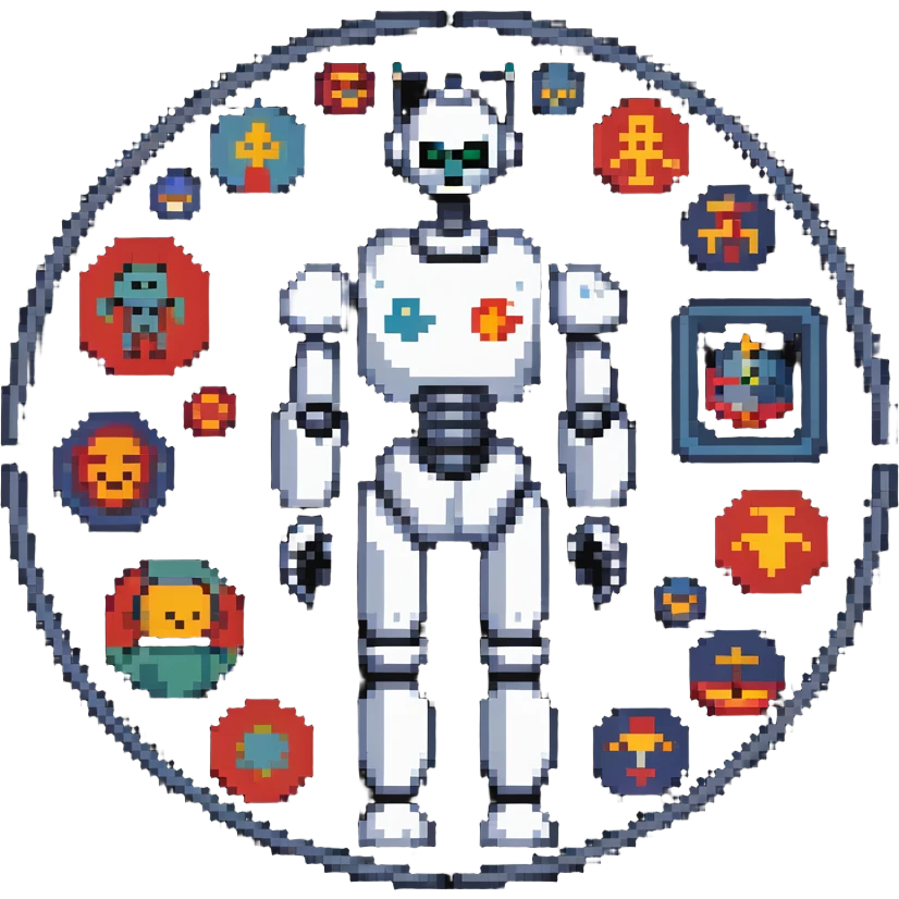 Pixel art of a robot man with a circular chest divided into four segments showing icons for visual art, music, theater, and literature emoji