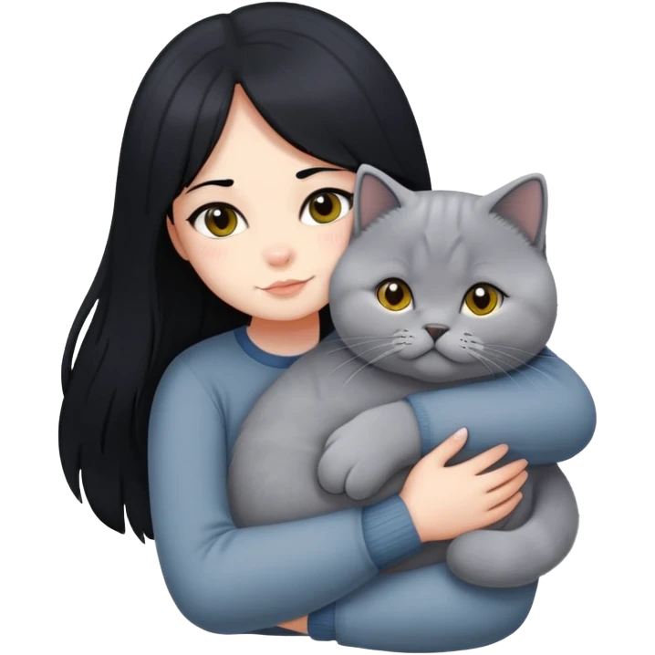A girl with long black  hair tightly hugged a british shorthair emoji