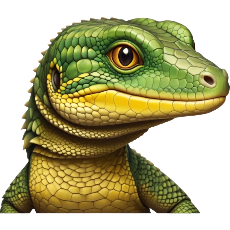 cinematic-realistic-cute-monitor-lizard-portrait-emoji,-head-tilted-playfully-and-inquisitively,-featuring-a-compact,-agile-body-with-finely-detailed,-glossy-scales-in-earthy-olive-hues-and-a-distinct,-alert-face-with-bright,-curious-eyes, yellow, brown spotted and green multi coloured  scales emoji