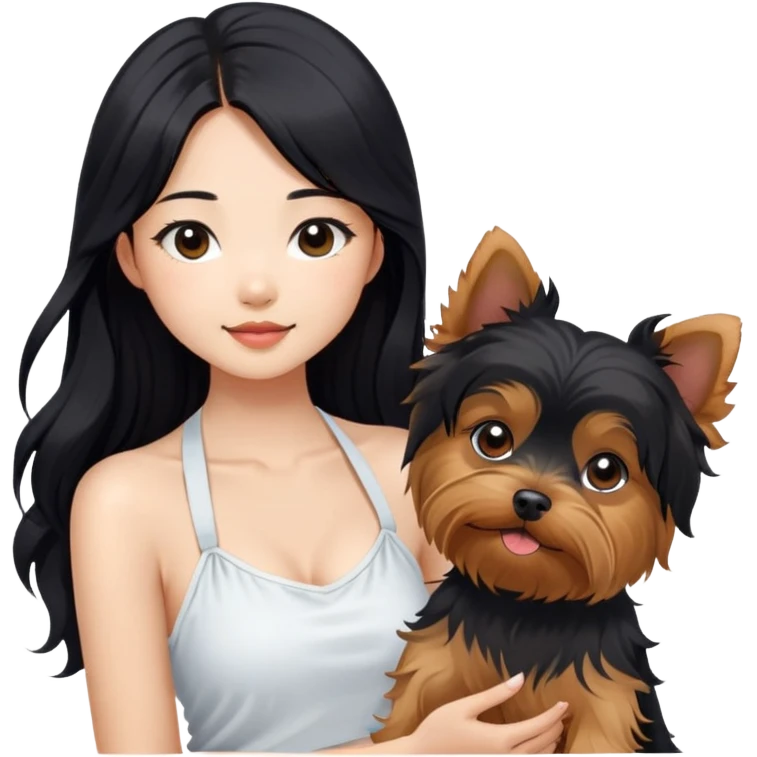 A pretty Asian girl with long, luscious wavy black hair (loose, no hair tie), wearing a white sleeveless halter top. She's holding a Yorkshire Terrier.  emoji