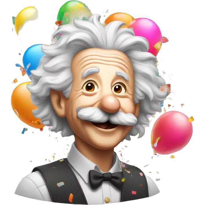Japoy albert einstein with lots of colourful confetti and party balloons and thumbs up emoji