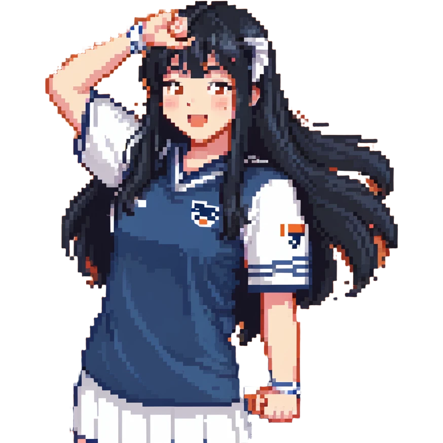 East Asian woman with long black straight hair and bangs wearing navy and white Doosan Bears team colors, cheering emoji