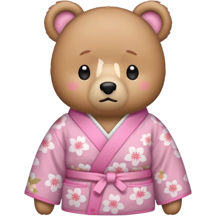 A cute light-brown bear wearing a pastel pink sakura-patterned kimono, normal balanced body ratio.  
Pulling out both empty pockets with a sad and embarrassed expression, small sigh lines.  
Kawaii emoji style, minimalistic clean sticker illustration, white background. emoji