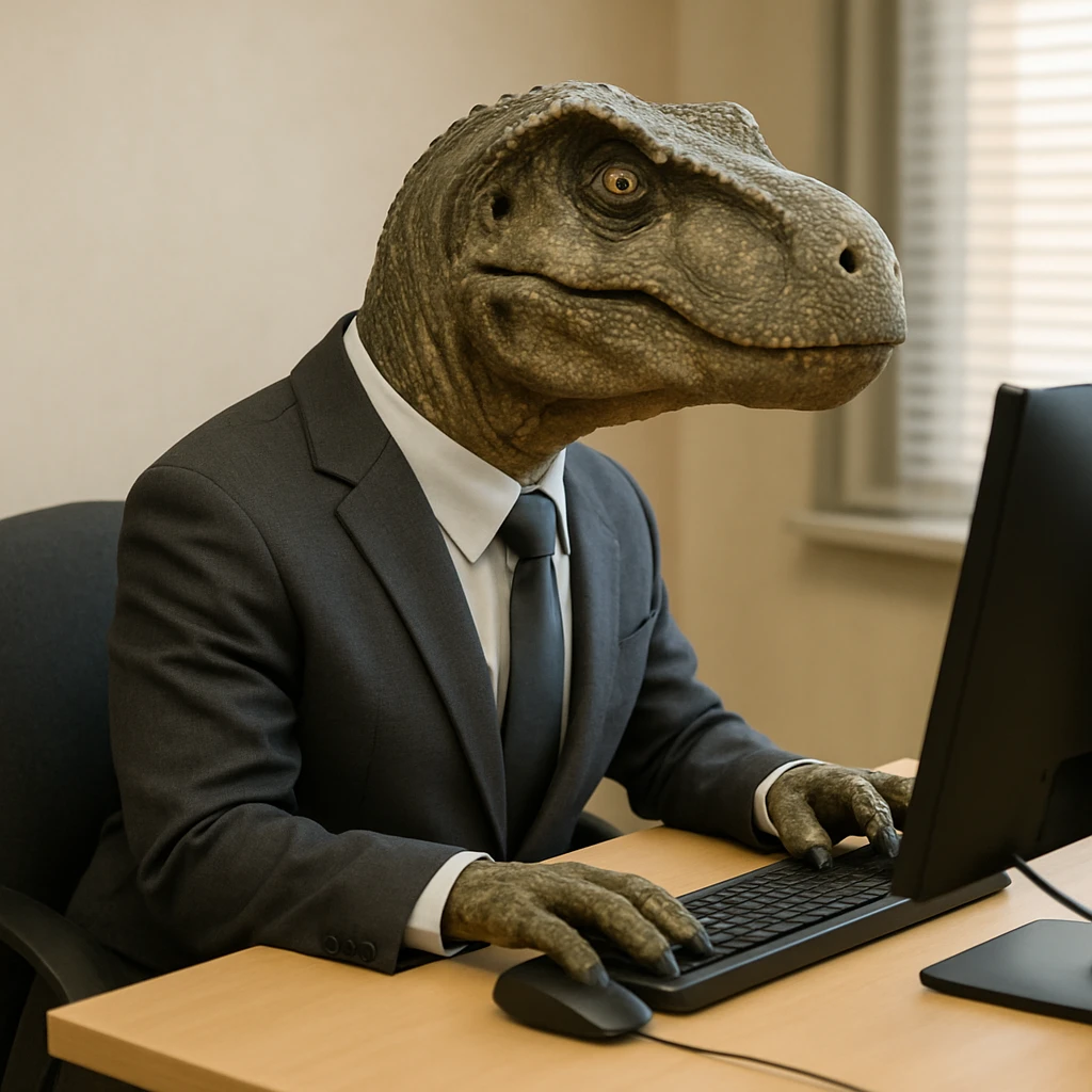 realistic dinosaur sitting on a chair, wearing a suit, using an office computer emoji
