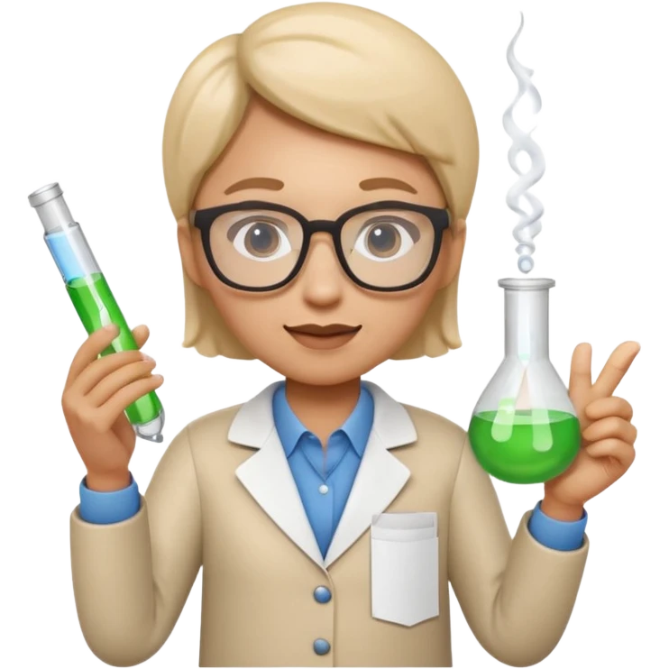 Apple Memoji-style 3D emoji of a researcher wearing glasses holding papers or a test tube, clean gradients, rounded shapes, no background. emoji
