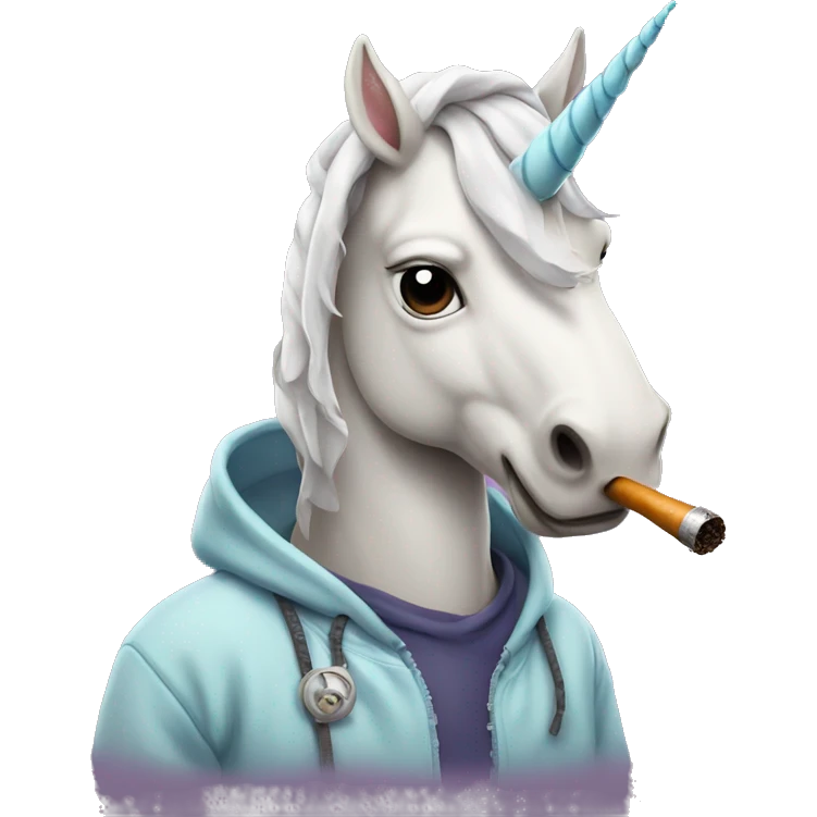 Unicorn wearing a hoodie smoking a pipe emoji