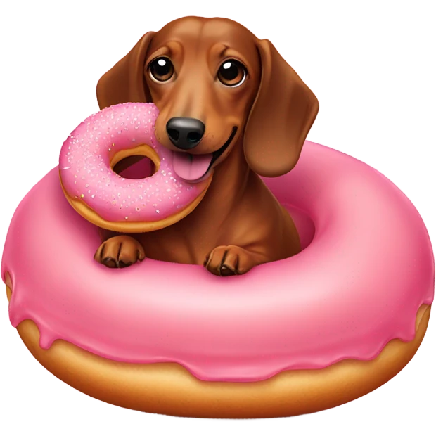 smiling dachshund laying down with a pink frosted doughnut in front of it emoji