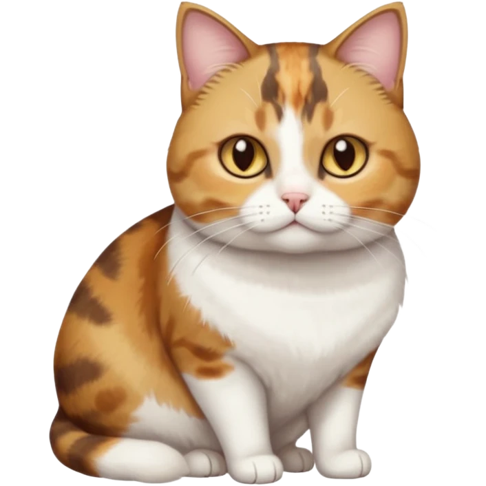 full body torbie and white cat with small head, hazel eyes, and short but chubby body emoji