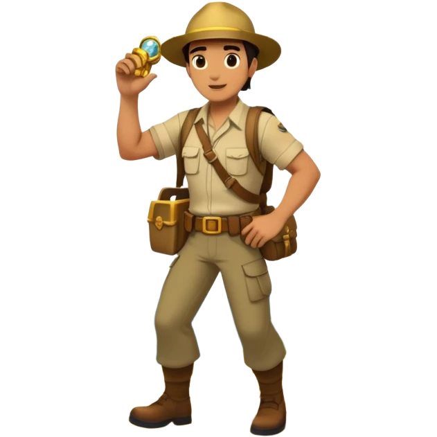 an adventure game, inspired by Uncharted-2. The design features a rugged explorer navigating through ancient ruins, with treasure and obstacles in the background. A dynamic environment with jungle, cliffs, and puzzles highlights the thrill of discovery and action. Transparent background. emoji