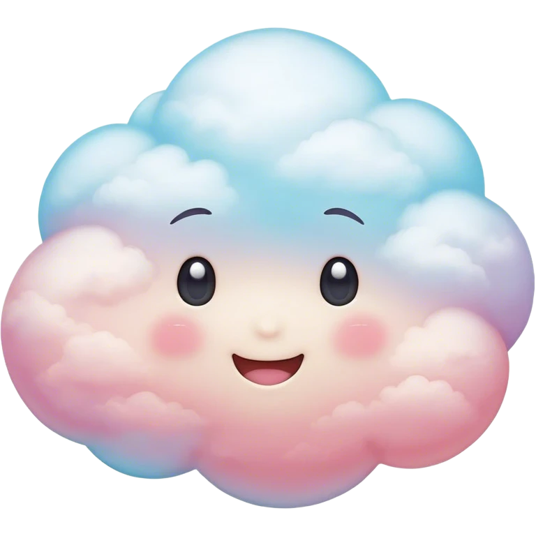 Cinematic round pastel cloud, soft puffy texture, gentle glowing edges, tiny happy face with blushing cheeks, floating in a dreamy sky, warm and magical. emoji