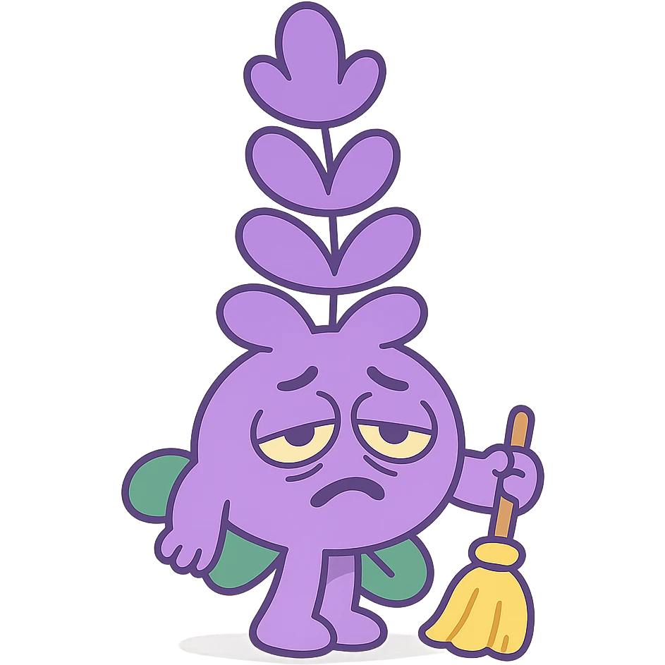 chubby lavender-colored lavender flower character with droopy eyes and a tired face, holding a tiny broom, pastel-toon style emoji