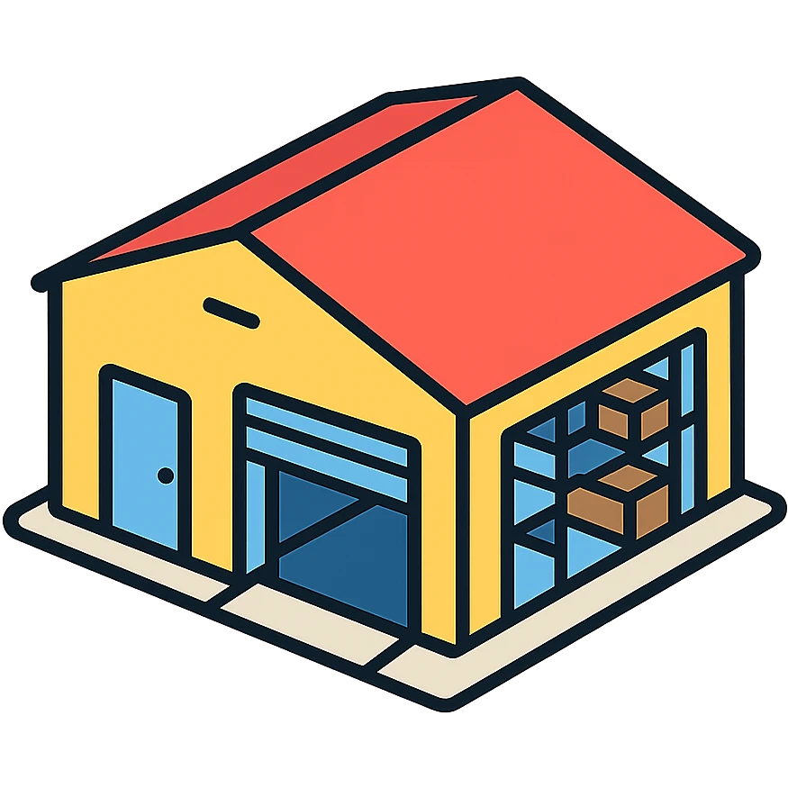 Single story warehouse building in isometric view with loading bay and industrial shelving inside emoji