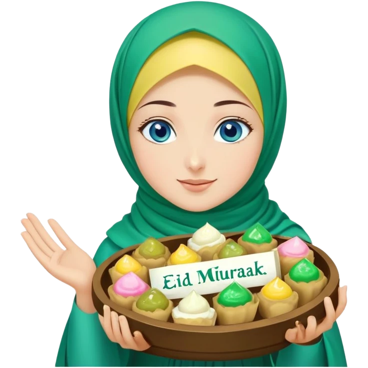 Turkish beautiful finish Konya girl blue eyes with green emerald yellow hijab islamic dress and had on her hand text Eid Mubarak with sweets and celebrating with her friends eid days   emoji