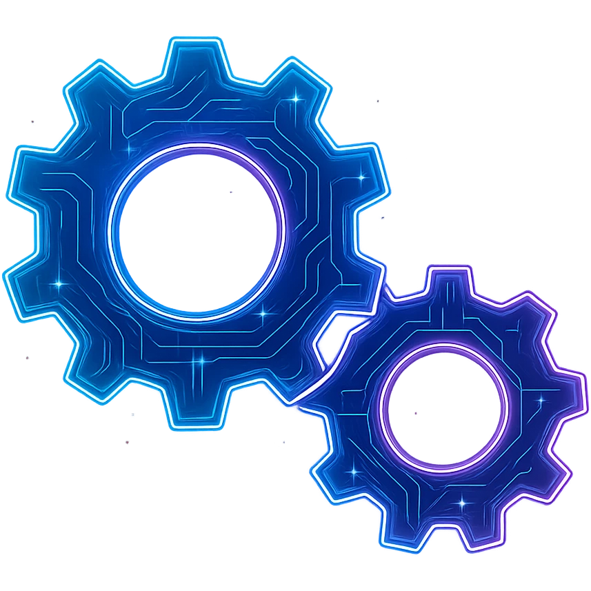 Transform the Windows Services icon featuring two gears into a cyberpunk holographic style. Add glowing neon blue and pink edges with intricate circuit patterns throughout the entire icon. Maintain the recognizable two-gear shapes while overlaying neon and circuit effects in a futuristic, clean style consistent with cyberpunk aesthetics. The whole icon should have a consistent cyberpunk glow and detailed circuit designs on a transparent background. emoji