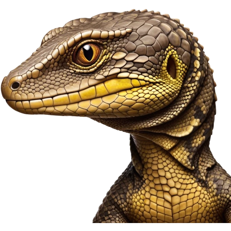 Cinematic Noble brown camo spotted monitor Lizard Portrait Emoji, Poised and regal, with a robust, scaled body exhibiting striking, mottled patterns and piercing, alert eyes, Simplified yet sharp and sophisticated features, highly detailed, glowing with a soft, earthy glow, high shine, intelligent and formidable, stylized with an air of ancient wilderness, focused and commanding, soft glowing outline, capturing the essence of a watchful and confident reptilian guardian that appears ready to stride out of the screen with effortless authority! emoji