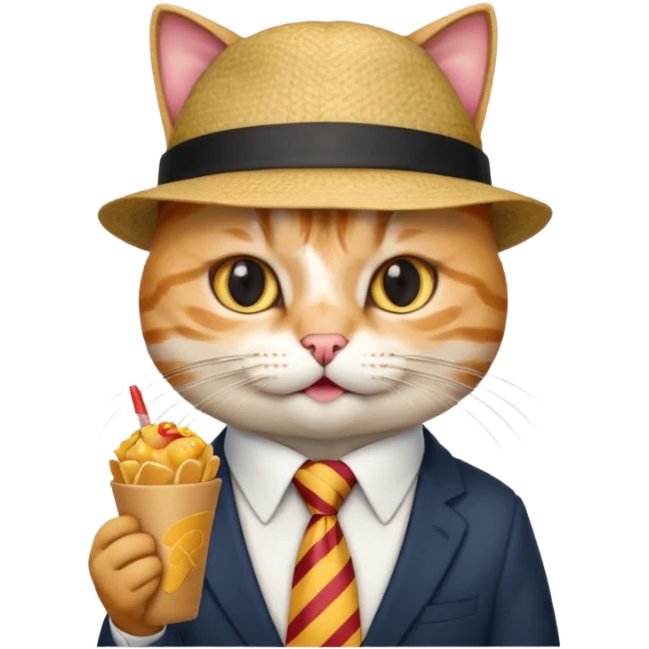 fast food eating cat waring tie and hat  emoji