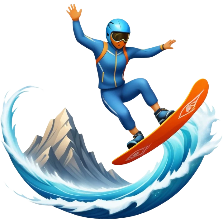 An emblematic symbol featuring a stylized figure in mid-action, representing extreme sports. The design incorporates dynamic lines and bold shapes, with elements like mountains, waves, and flying objects, capturing the thrill and adrenaline of various extreme sports in a single, unified icon. emoji