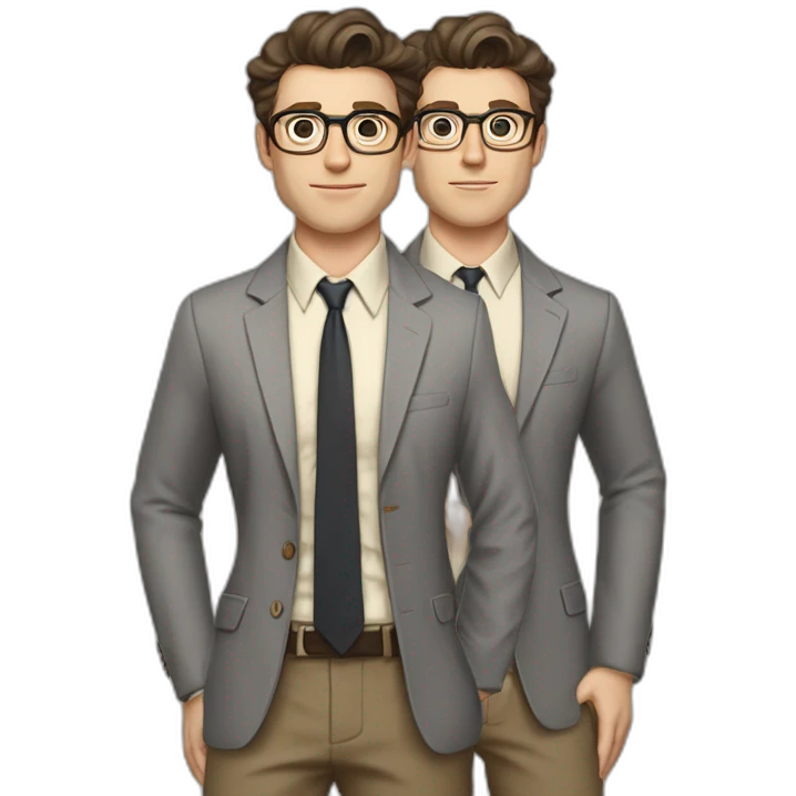 Full height Pale skinned Fit Man With dark brown hair in gray jacket, beige office shirt, tie, Brown pants and vintage glasses. Thrumbs of his palms directed up emoji