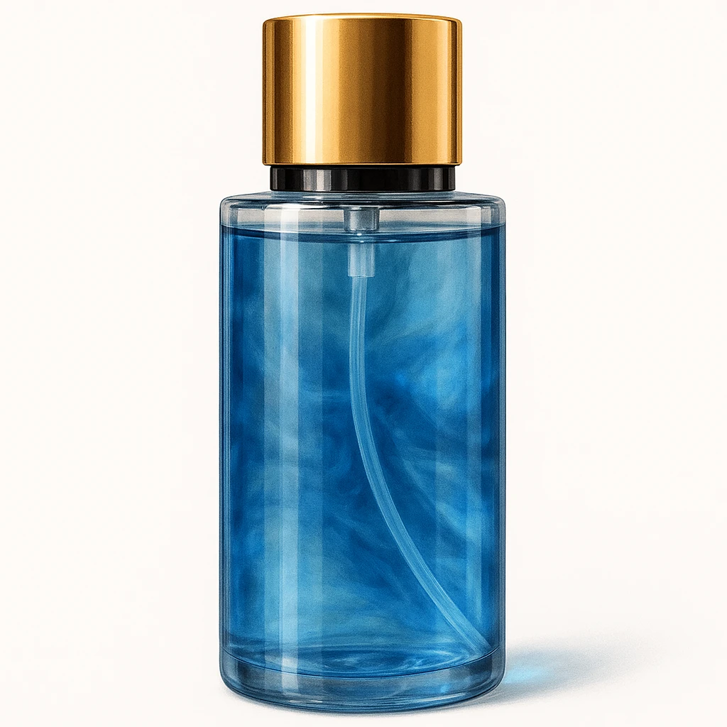 Make the Victoria's Secret Rush perfume bottle look more realistic in a detailed style with realistic reflections, glass texture, and a metallic gold cap. Keep the blue color and overall shape true to the original bottle. No text. The style should resemble a realistic emoji-style illustration. emoji