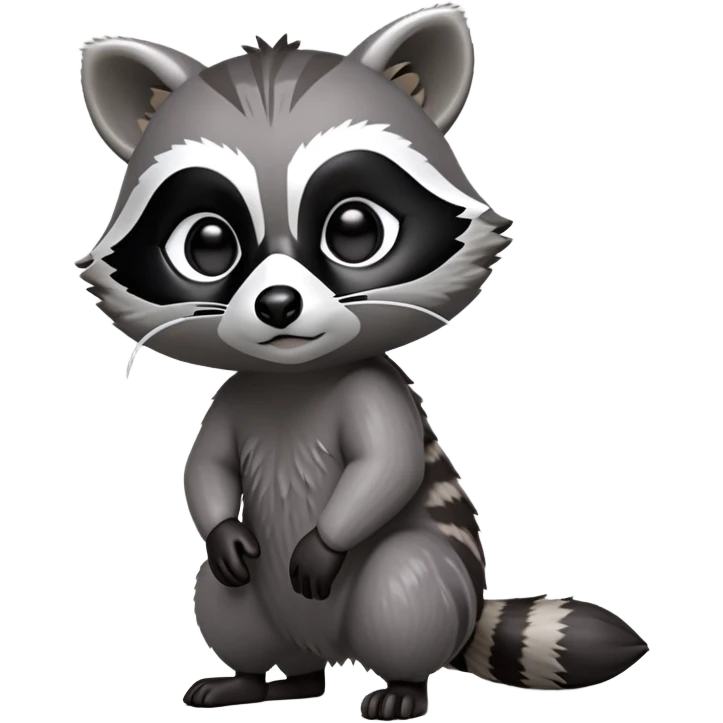 Cinematic-cute Raccoon-Realistic-hunched Full-Body on all fours-Emoji – Tail flicking lazily, head tilted dramatically, thick grey fur with a signature black mask, sharp and alert ears, simplified yet realistic focused features, highly detailed, glowing with an almost sarcastic glow big black eyes realistic body emoji